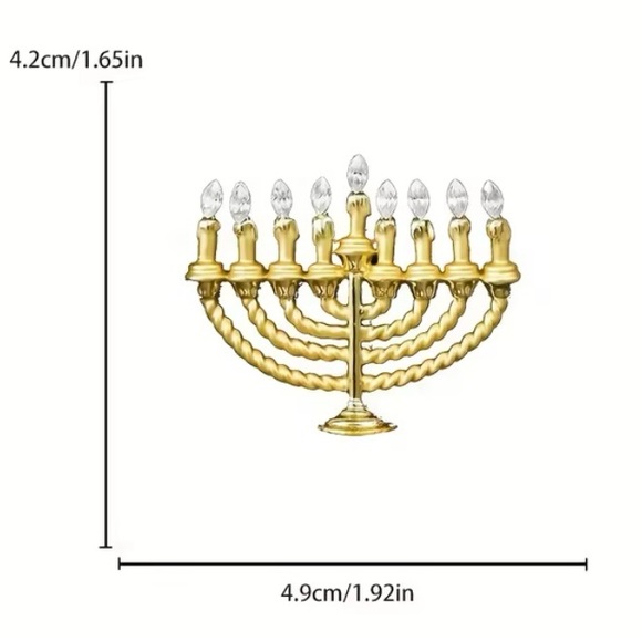 Gold Plated Menorah Brooch with Rhinestones - Picture 3 of 6